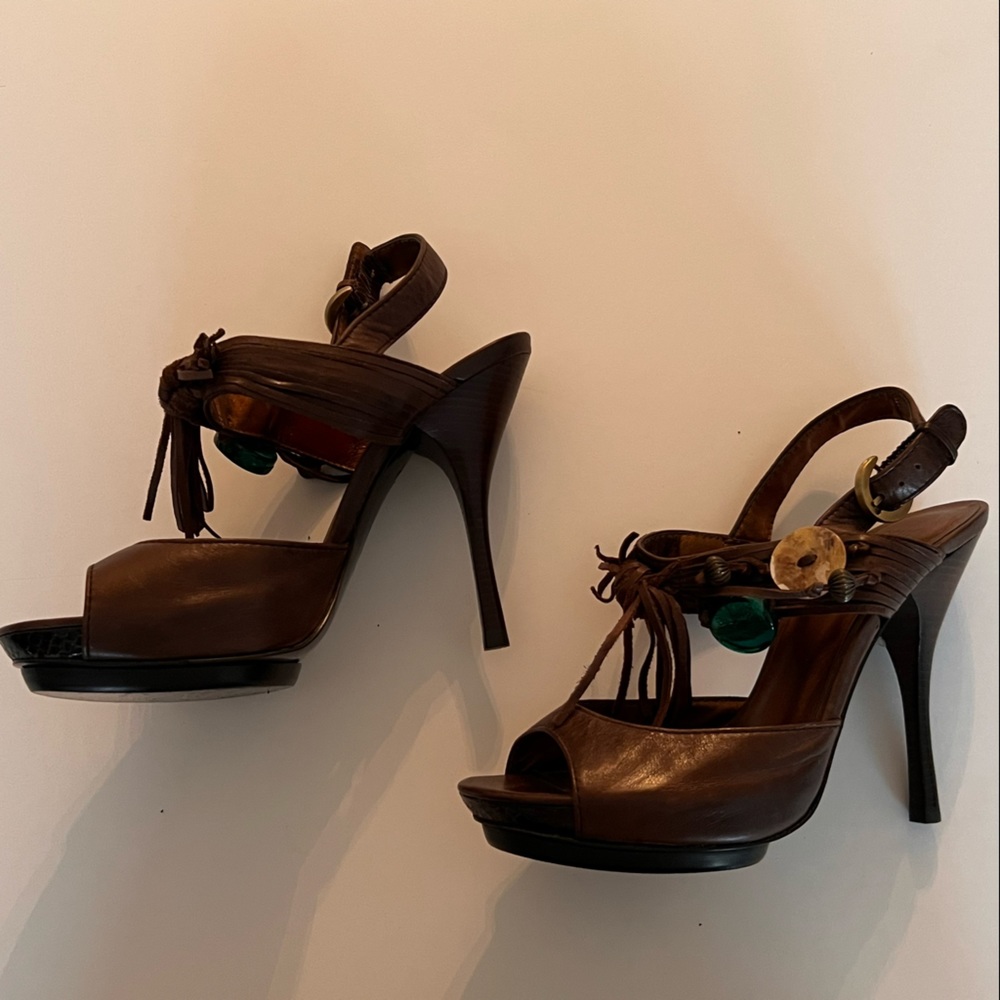 PELLE MODA WOMENS BROWN LEATHER PLATFORM SANDAL COLORFUL ACCENTS  SIZE 8M